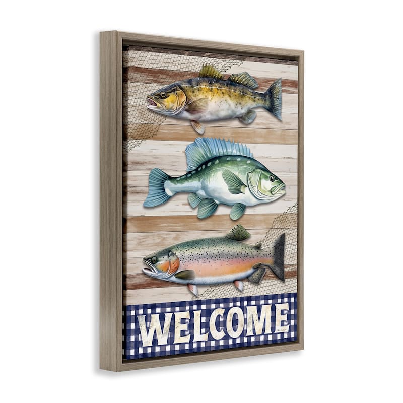Stupell Welcome with Rustic Fish Framed Floater Canvas Wall Art Design By Nicole DeCamp