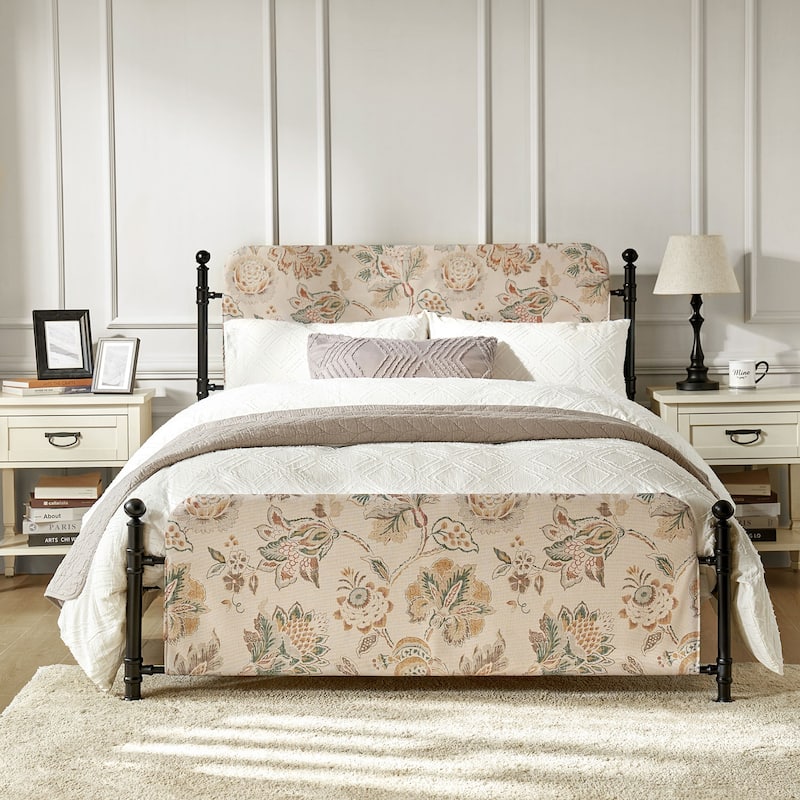 Diana Transitional 62" Floral Upholstered Platform Metal Bed Frame with Washable Slipcover by HULALA HOME - Beige
