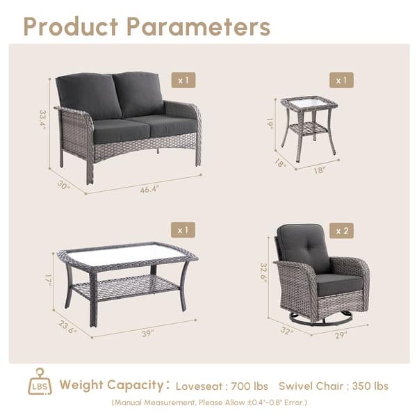 dimension image slide 3 of 4, HOOOWOOO 5-piece Grey Wicker Chat Set Patio Conversation Set with Swivel Chairs