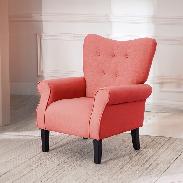EROMMY High Back Wingback Chair Upholstered Fabric Accent Chair with Wooden Legs Coral Pink