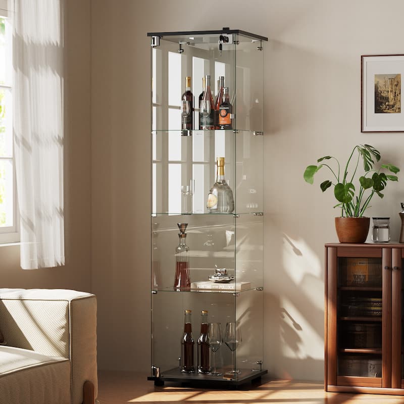 4-Shelf Glass Display Cabinet with Lock, 64"H Freestanding Curio Display Showcase for Collectibles - 16"W x 64”H - Black Top