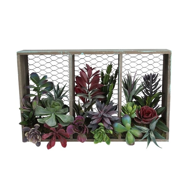 10" Artificial Mixed Succulent Arrangement in Wood Box and Chicken Wire Wall Decor - N/A