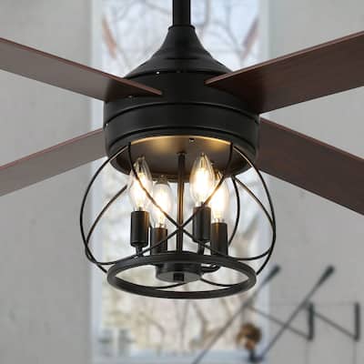 Cusp Barn 52" Modern Ceiling Fan with Light and Remote,Black 4-Light 6 Speeds Quiet Operation Reversible Caged Ceiling Fan