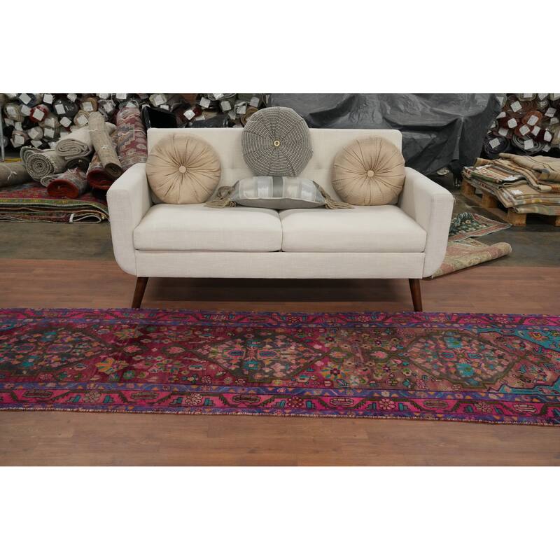 Hand Knotted Oriental 100% Wool Carpet Traditional Geometric Pink Ardebil Runner Rug - 10' 6'' X 3' 0''