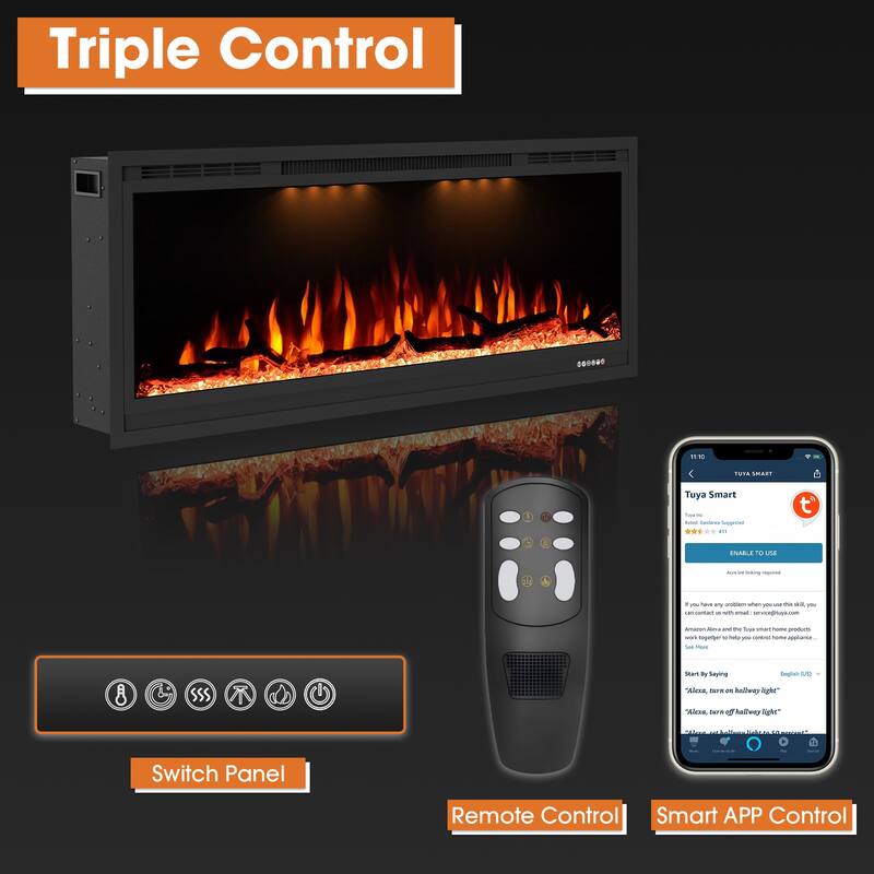 44" 1500W Modern Inserted Wall Mounted Smart Electric Fireplace Heater with APP Control and Remote - 44" L x 6.3" W x 17.72" H