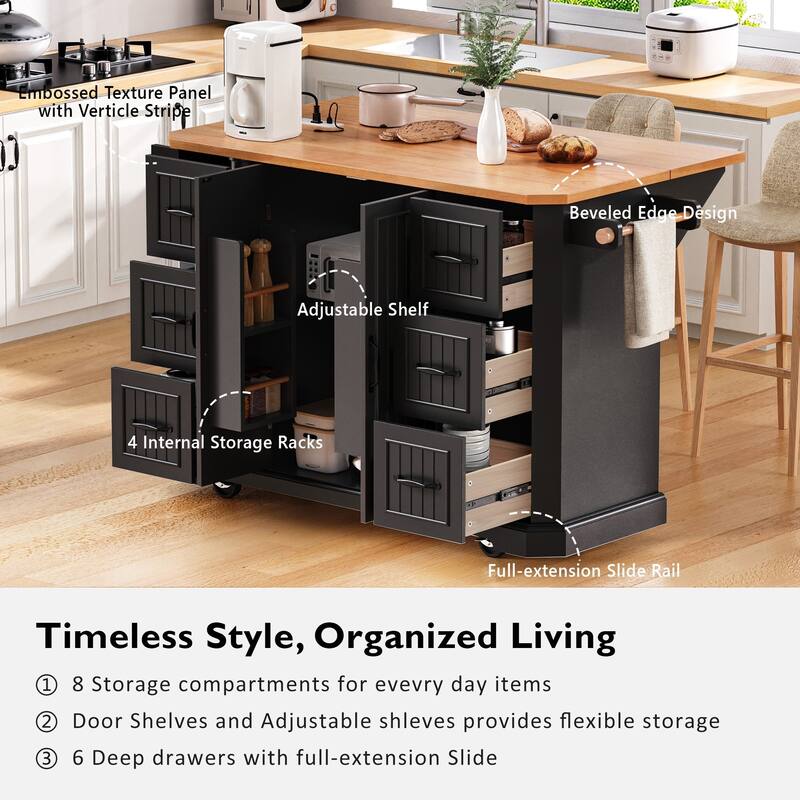 55.5'' Rubber Wood Kitchen Island with Power Outlet, Drop Leaf, Rolling Wheels and 6 Deep Drawers - 55.5'' x 29.75'' x 36''