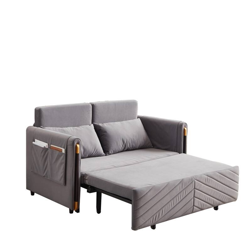 54" Velvet Pull-Out 2-Seater Sofa Bed with Adjustable Backrest & 2 Pillows