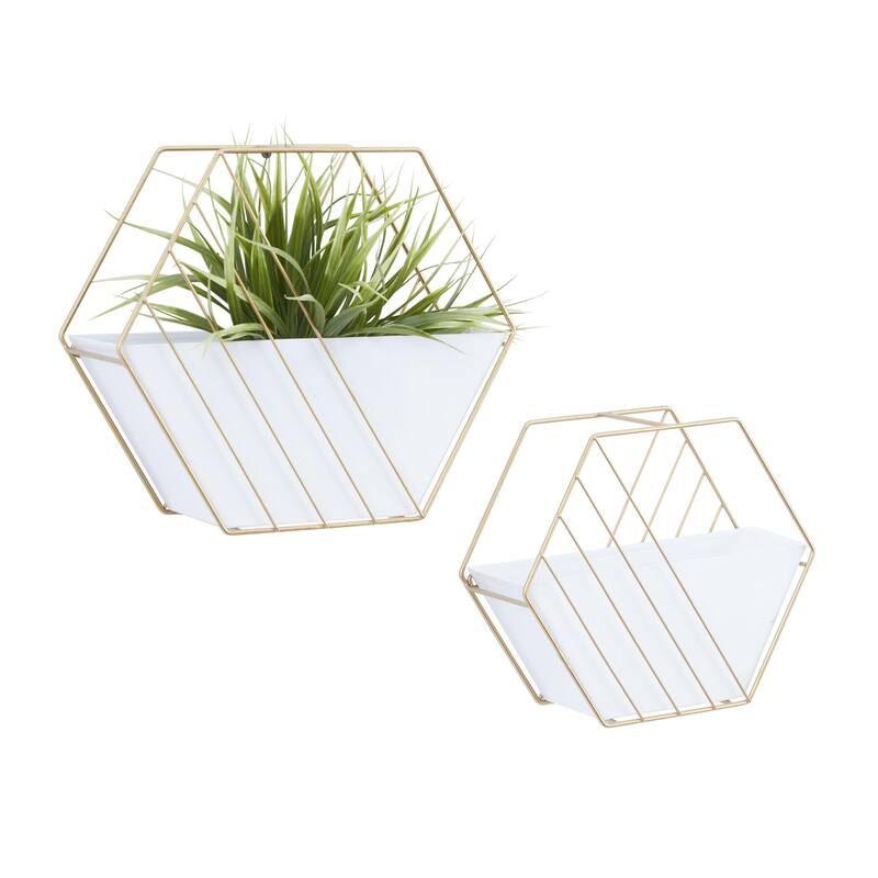 Metal Geometric Hanging Indoor Outdoor Wall Planter - Set of 2 White - Roche River Decor - 5"W x 12"L x 10"H