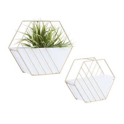 Metal Geometric Hanging Indoor Outdoor Wall Planter - Set of 2 White - Roche River Decor - 5"W x 12"L x 10"H