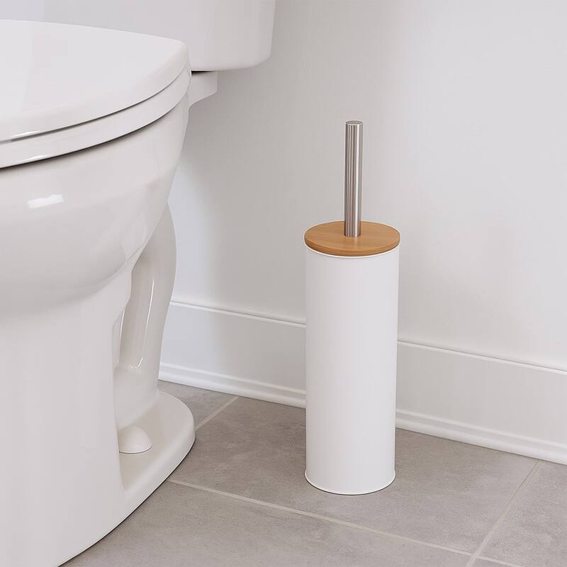 Metal Toilet Brush and Holder Set With Bamboo Lid