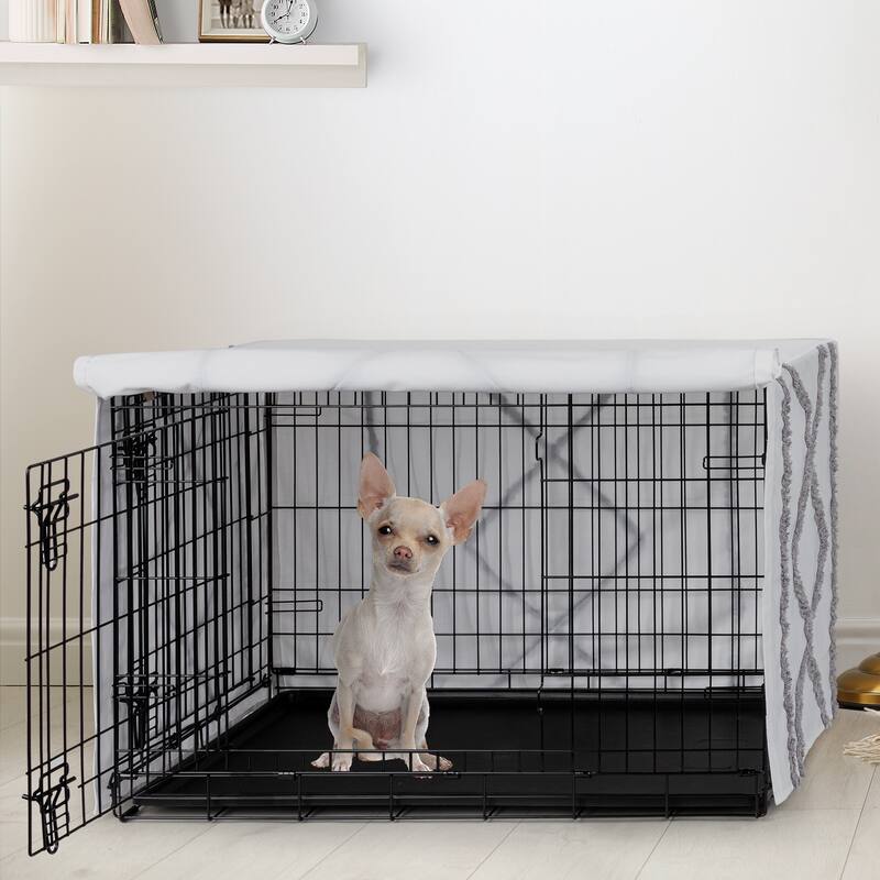 Sweet Jojo Designs Boho Bohemian Dog Crate Kennel Cover 24in. Grey and White Farmhouse Shabby Chic Modern Tuft Tufted Cotton