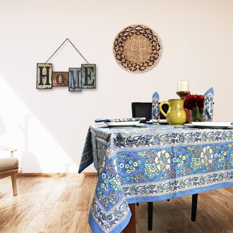 Luxuriant Floral Cotton French Country Tablecloth Collection - 72 x 72 In - Blue