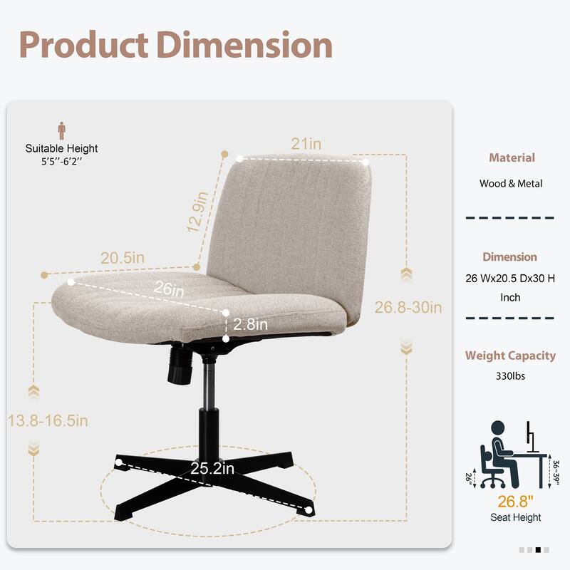 Futzca Office Chair, Armless Wide Chair of Height Adjustable Swivel