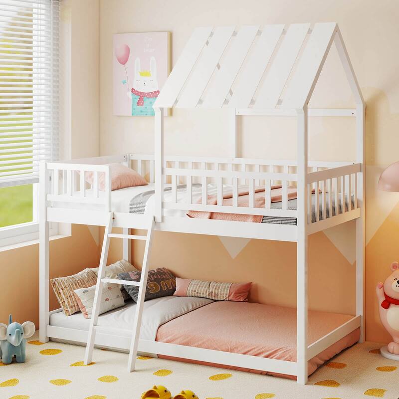 Costway Twin Over Twin House Bunk Bed with Roof, Ladder & Full-length - White