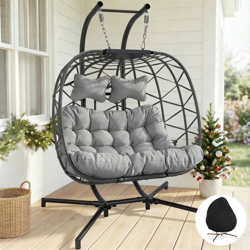 Oversized Outdoor Double Hanging Egg Chair with Cushions, 700 lbs Capacity Swing Chair for Indoor or Patio - Light Grey/Grey-Cover