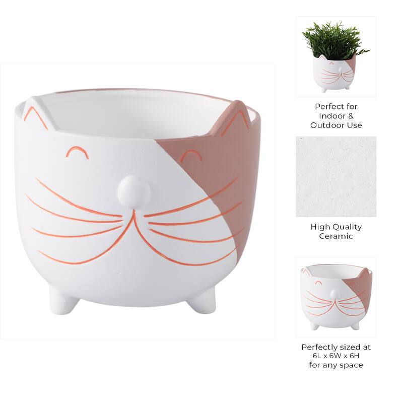 Ceramic Decorative Planter Kitty Whiskers Footed - 6" White/Tan - 6" x 6" x 6"