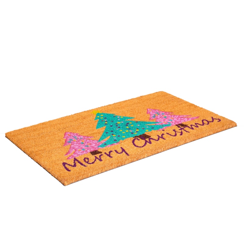 HomeRoots 24" X 36" Brown Green And Pink Christmas Trees Merry Christmas Outdoor Coir Door Mat - 24.00' X '36.00