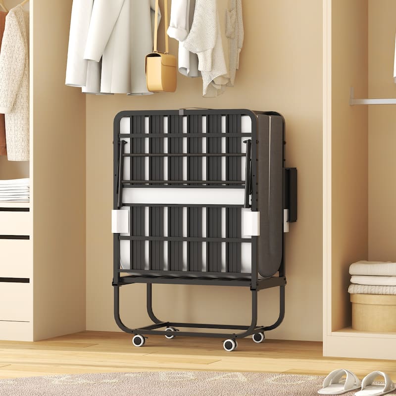 75" Folding Bed with Adjustable Headboard & 5" Memory Foam, Space Saving Rollaway Guest Bed for Tall People, Twin Cot on Wheels