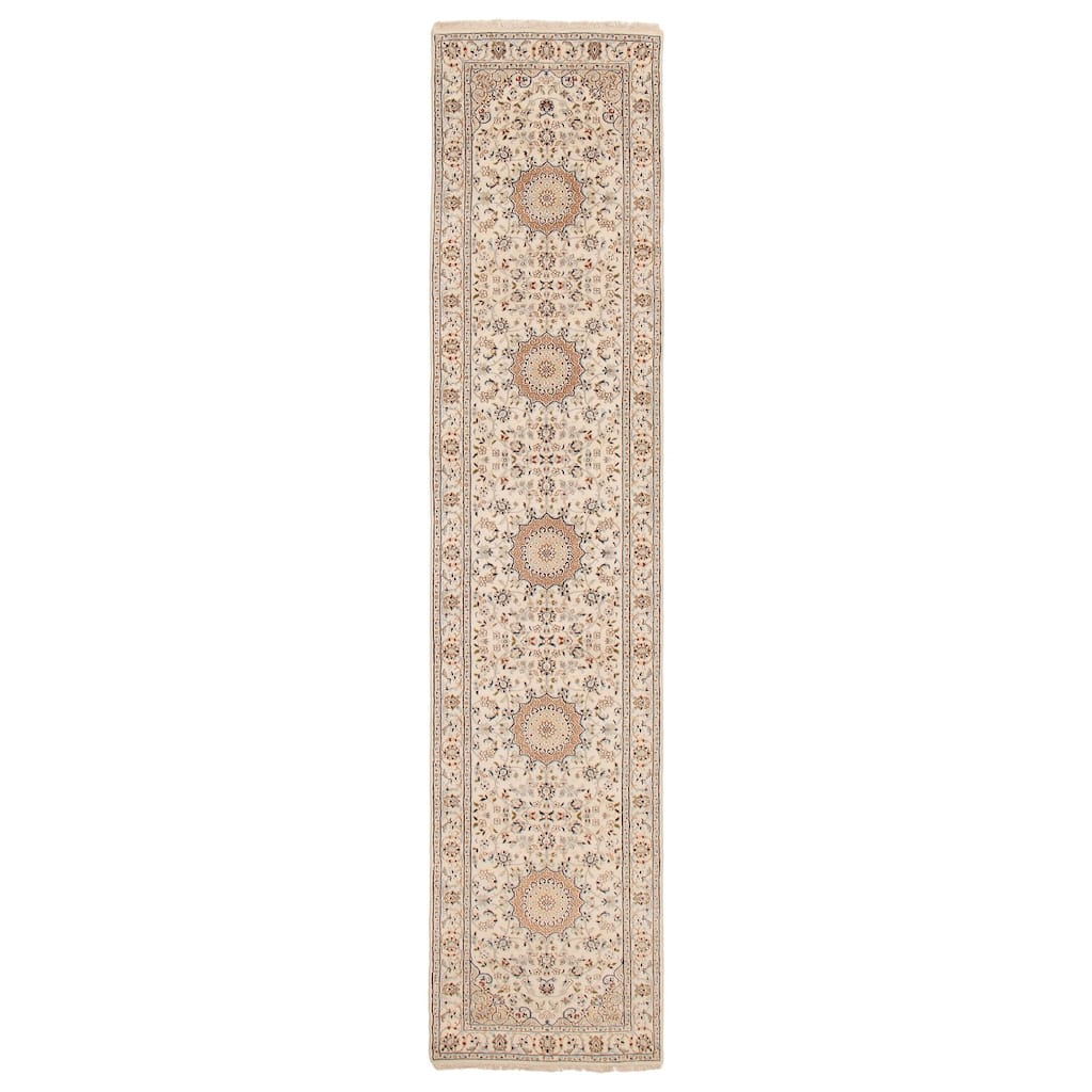 ECARPETGALLERY Hand-knotted Nain Cream Silk, Wool Rug - 2'8 x 12'2