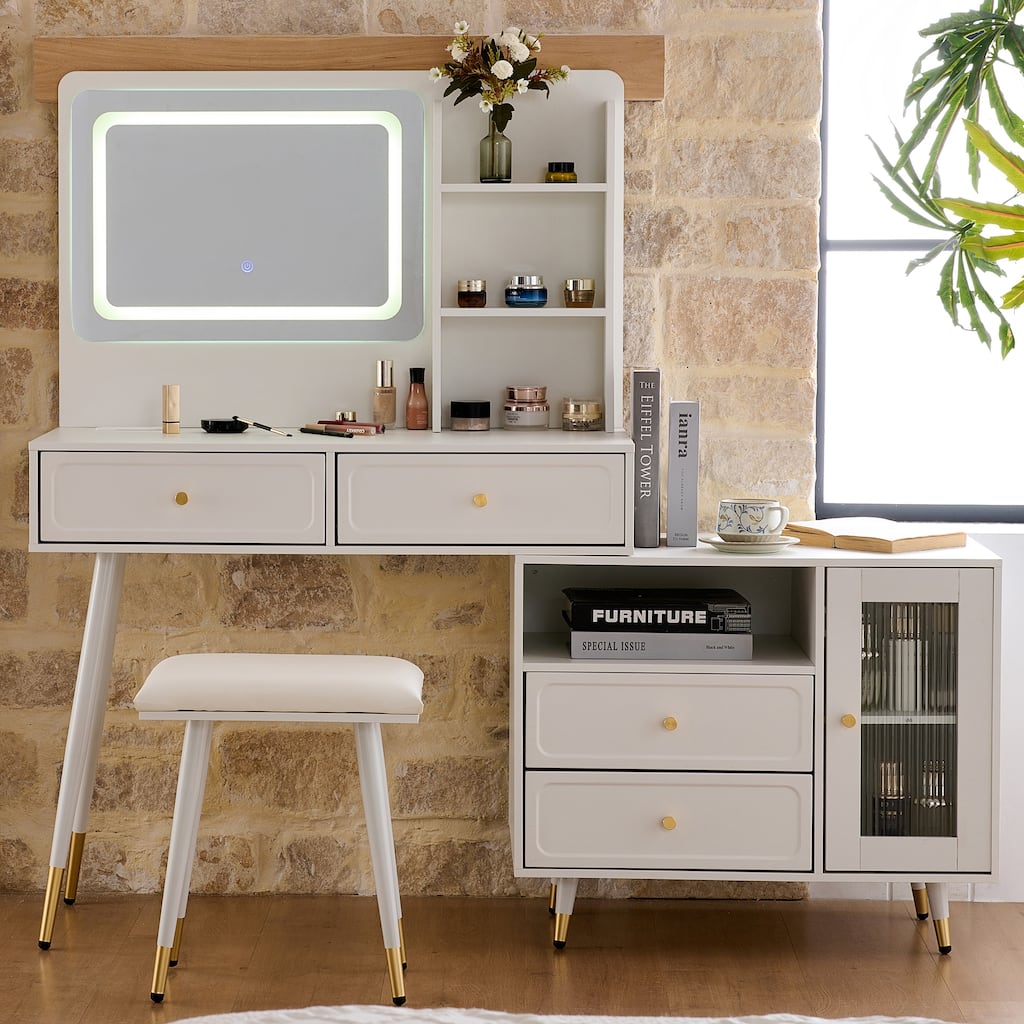 Modern Makeup Vanity Set with PU Cushioned Stool, Retractable Dressing Table Vanity Desk with Mirror, Light & Power Outlet