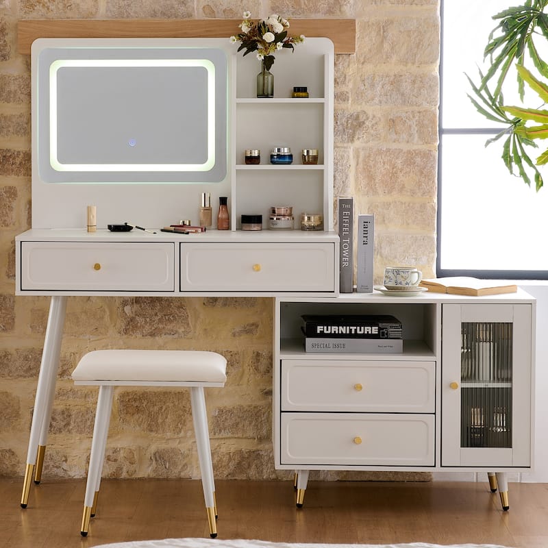 Modern Makeup Vanity Set with PU Cushioned Stool, Retractable Dressing Table Vanity Desk with Mirror, Light & Power Outlet - White