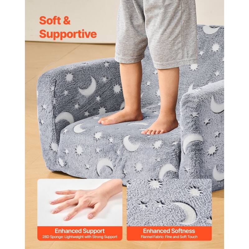 Grey Kids Foldable Sofa Bed with Glow-in-the-Dark Patterns and Comfortable Foam Seating - 24.0 x 41.3 x 12.0 in