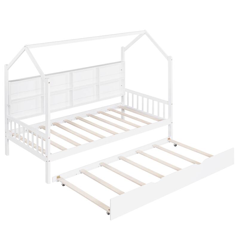 White Twin Size House Bed with Trundle and Shelf for Kids, Space-Saving Design, Semi-Enclosed Play Area