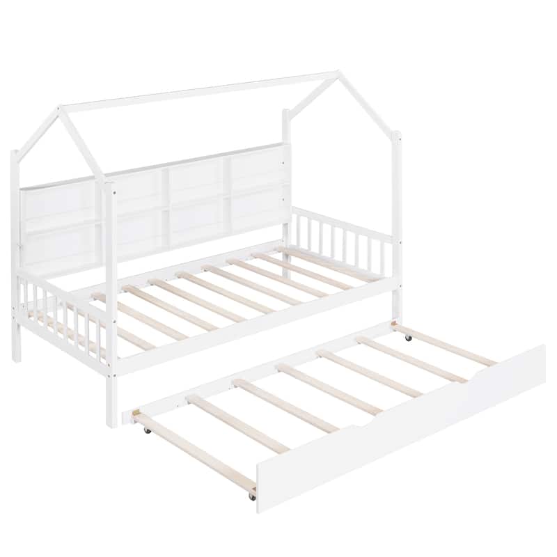 Wooden Twin Size House Bed with Trundle Kids Bed with Shelf - White