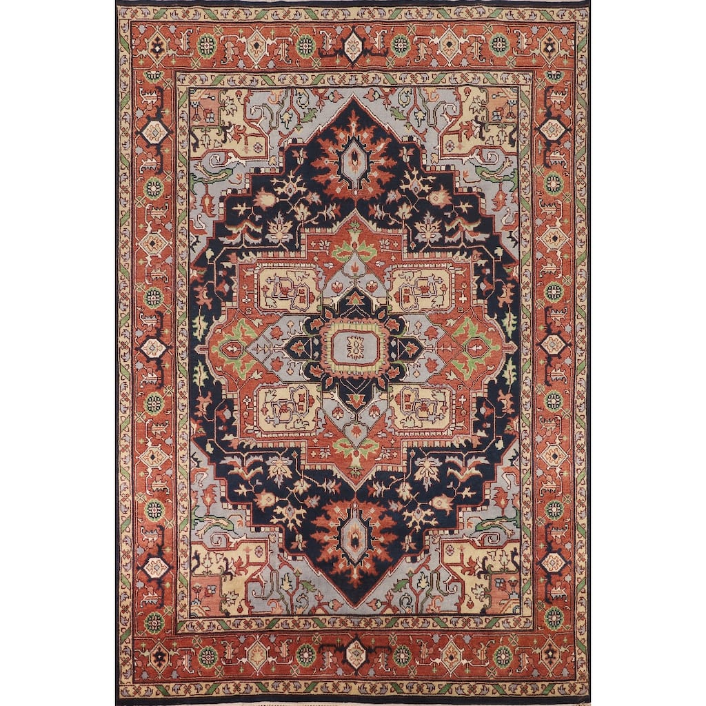 Navy Blue Orange Heriz Serapi Indian Area Rug Hand-Knotted Wool Carpet - 8'10" X 11'9"