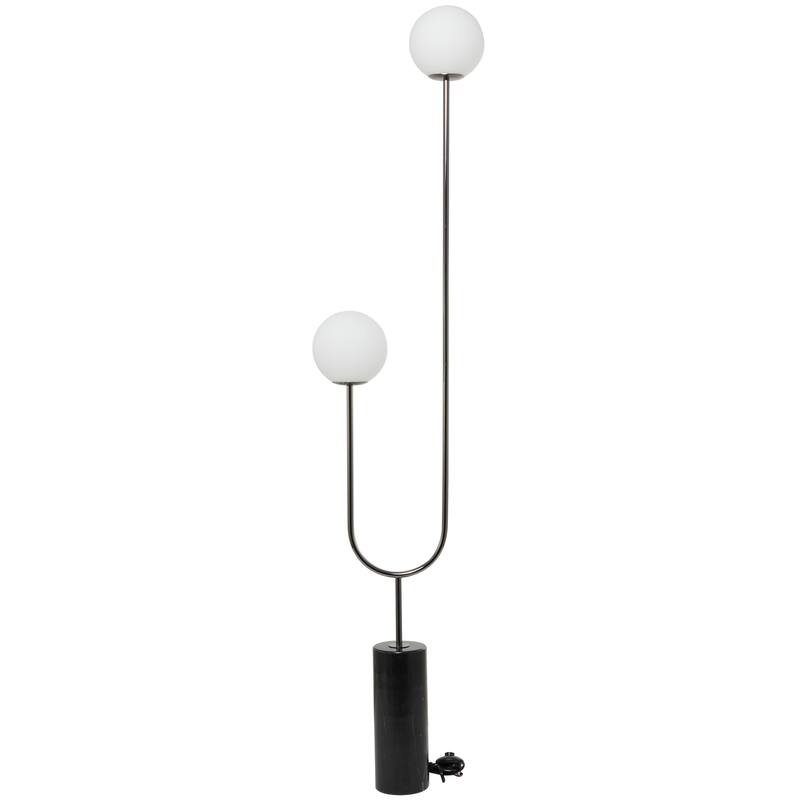 Metal Curved Orb 2 Light Floor Lamp with White Glass Shades and Black Marble Base - Gold or Silver - Roche River Decor