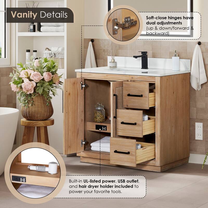 Floral Single Bathroom Vanity in Light Brown with Calacatta White Quartz Countertop without Mirror