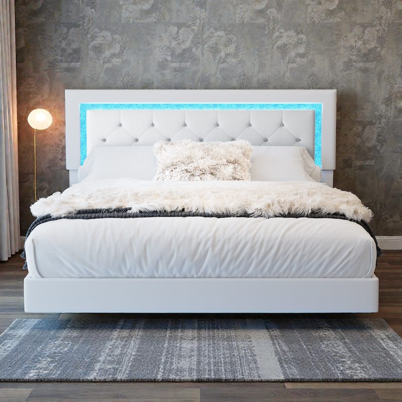 Floating Upholstered Bed Frame with LED Lights, Diamond Tufted Headboard, PU Leather Platform Bed, No Box Spring Needed - Beige - Queen