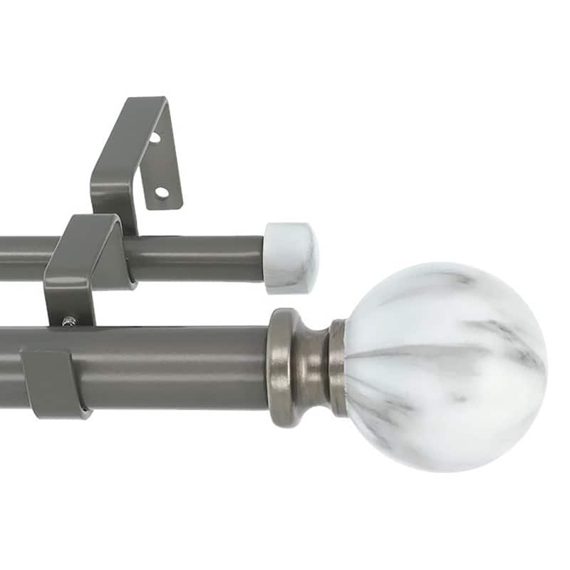Meriville 1-Inch Diameter Double Window Curtain Rod, White Marble Ball Finial - Gun Metal - 28"-48"