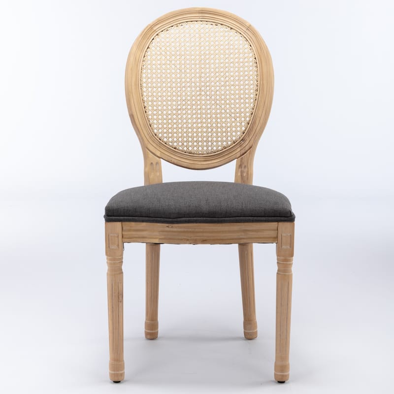 French Style Solid Wood Frame Antique Painting Linen Fabric Rattan Back Dining Chair,Set of 2,Gray