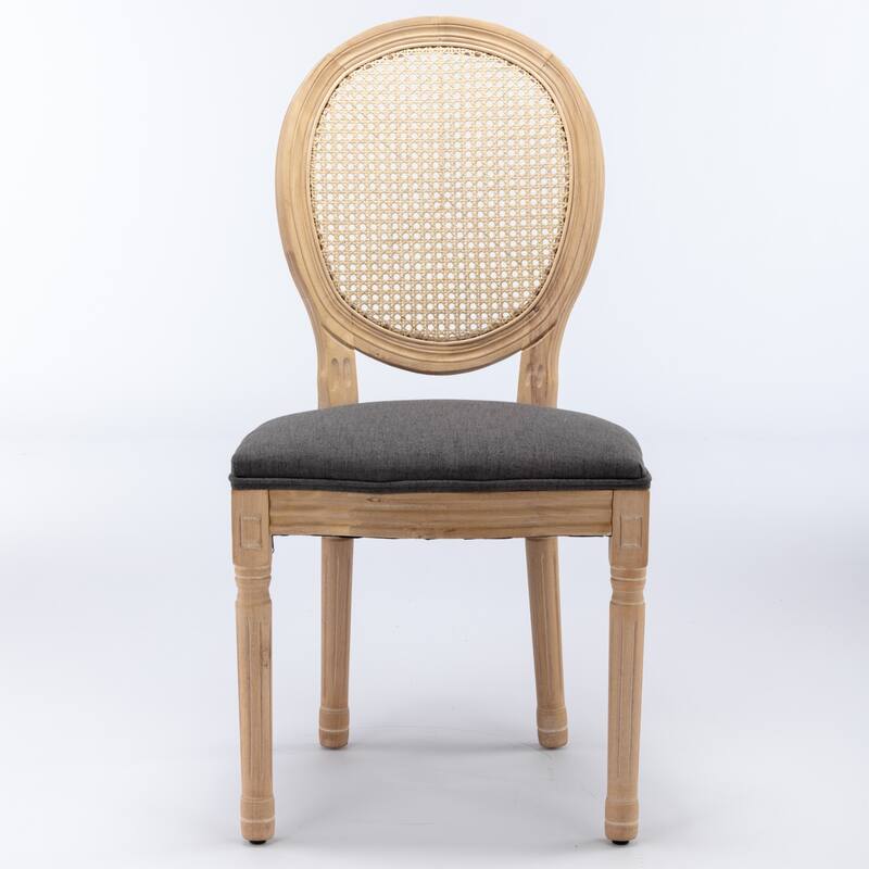 Exquisite Solid Wood Frame Dining Chair with Linen Fabric and Rattan Backrest, Set of 2 - Grey-1