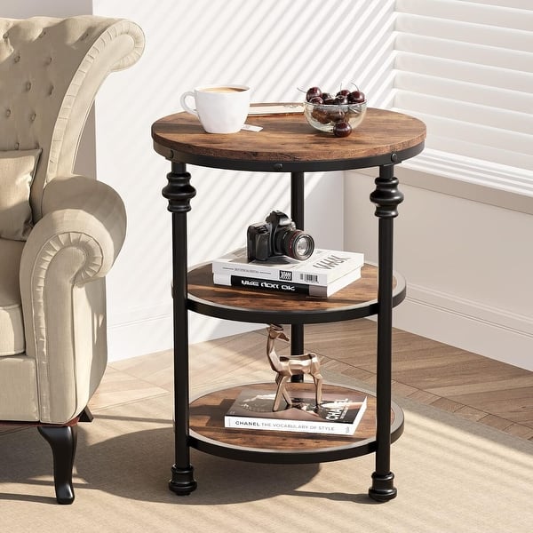 slide 2 of 8, Small End Table, Round End Table with 3 Shelves, Night Stand Accent Coffee Table with Steel Frame for Small Spaces