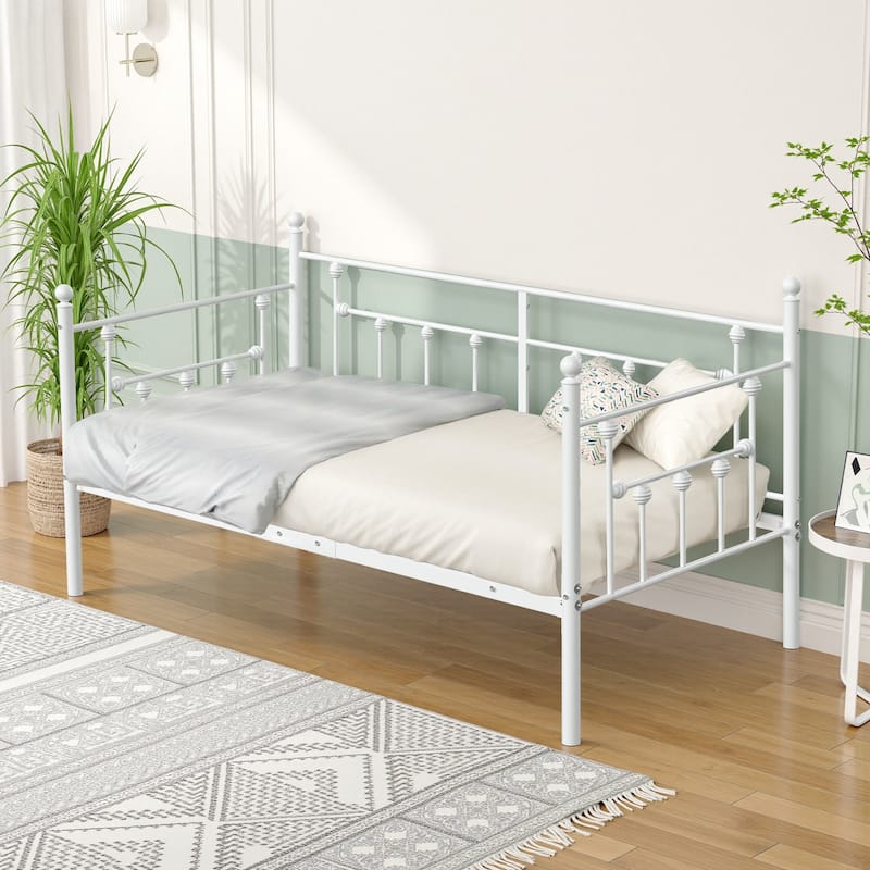 VECELO White Twin-Size Daybed with Roman Column Design Heavy-Duty Metal Frame for Kids Living Room and Guest Bed