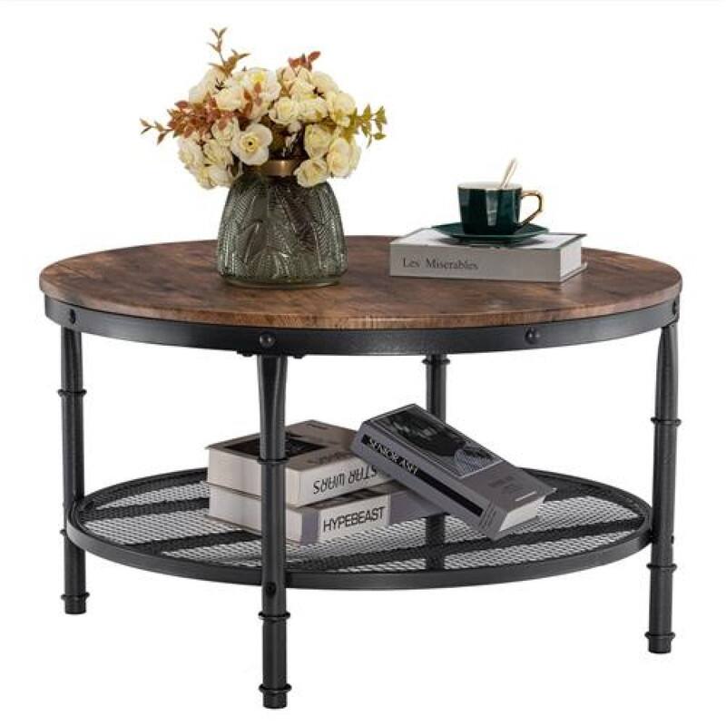 31.89in Double-layer Round Brown PVC Density Board Panel Black Base with Silver Pattern Powder-coated Iron Frame Coffee Table