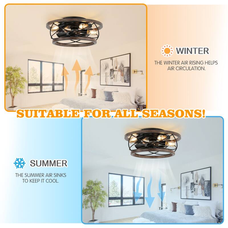 18" Rustic Wood Caged Flush Mount Ceiling Fan, 3-Speed Farmhouse Reversible Ceiling Fan with Light Kit and Remote Control