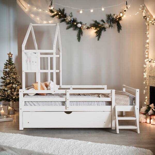 slide 2 of 27, Wood Twin Size House Platform Bed with Guardrail and One Drawer for Storage White