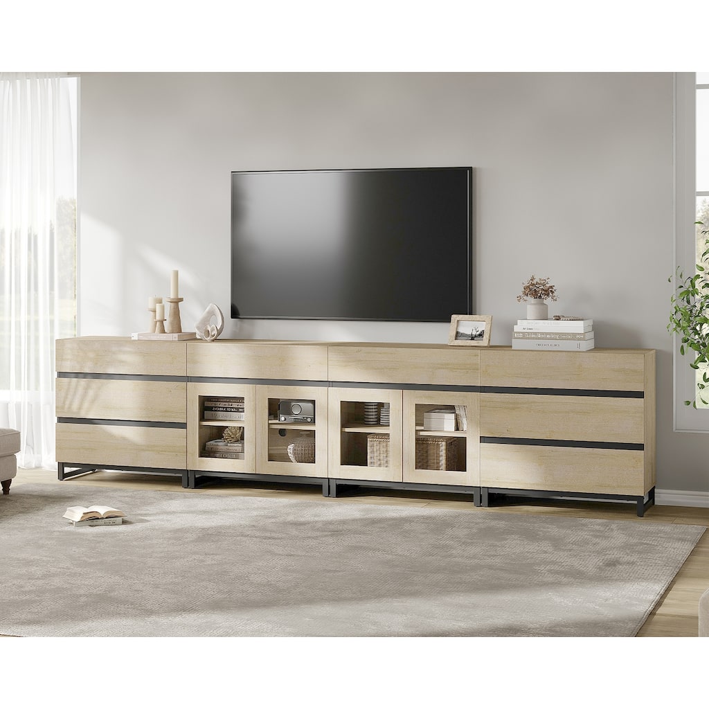 4-in-1 TV Stand for 120" TVs, Console with Glass Doors & 8 Drawers