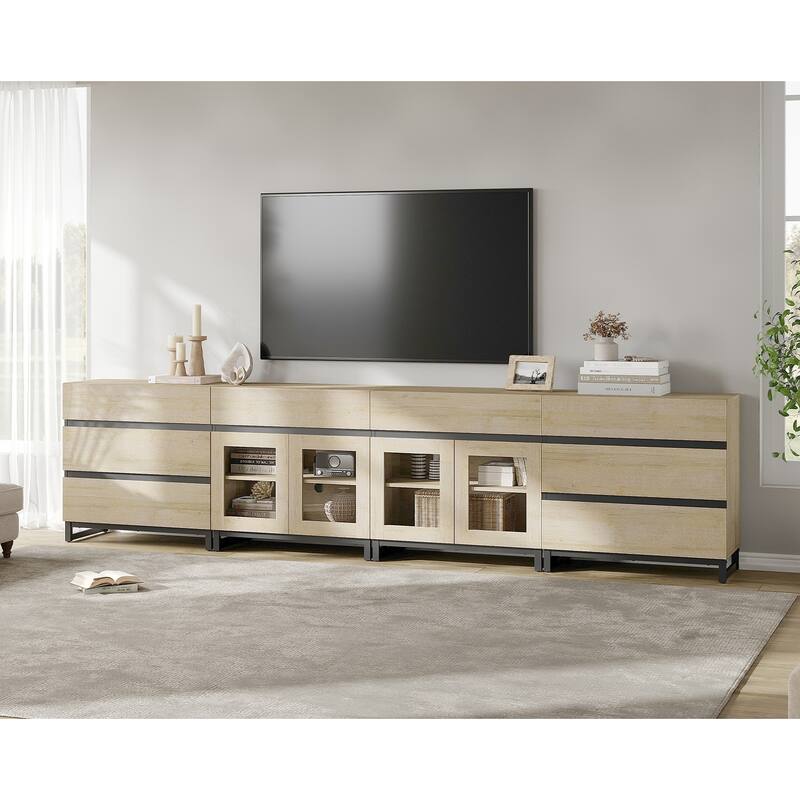 4-in-1 TV Stand for 120" TVs, Console with Glass Doors & 8 Drawers - 126 inches - Beige