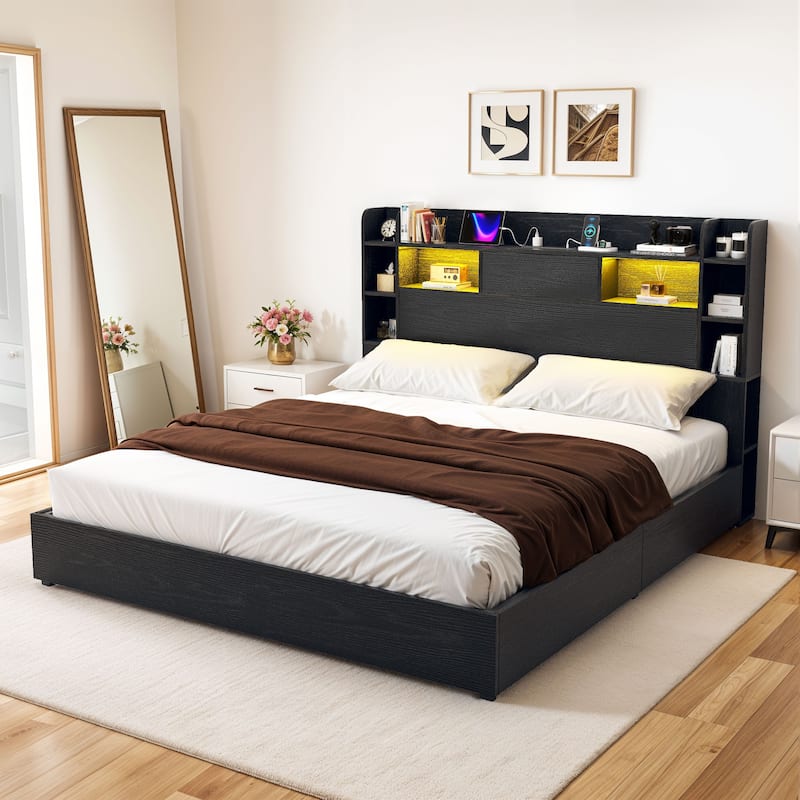 Moasis LED Bed Frame with Bookcase Headboard, 4 Storage Drawers and Type-C USB Charging Station - Black - Queen