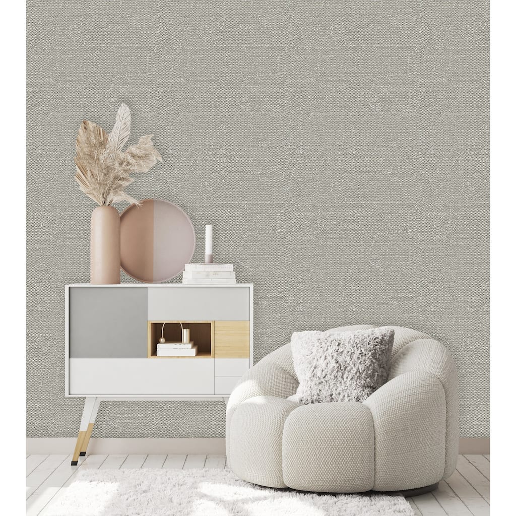 Gray Plain Faux Dimensional Wallpaper, Smooth Fabric, Grasscloth Linen Accent - Double Roll