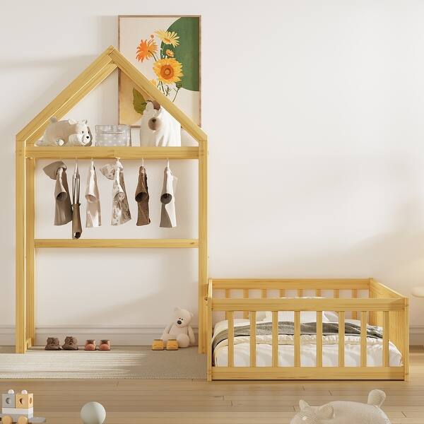 slide 2 of 15, Wooden Montessori Floor Bed for Kids, House Headboard Bed Twin Frame, Montessori Style Playhouse Bed for Girls Boys, Natural Natural - Twin
