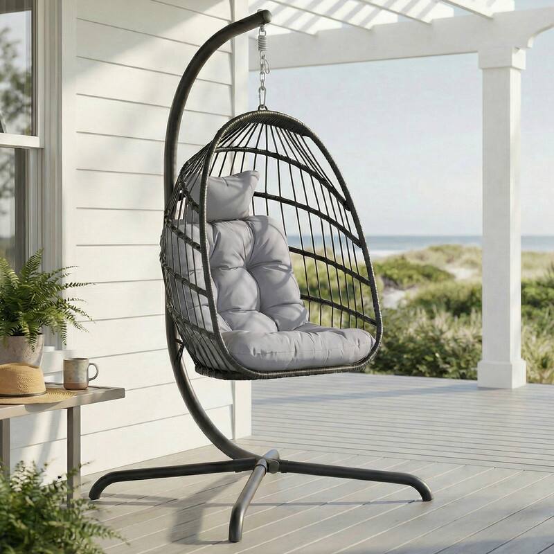 Oversized Wicker Hanging Egg Chair with Stand, Outdoor Indoor Swing Chair with Cushion, 350 lb Capacity - Light Grey