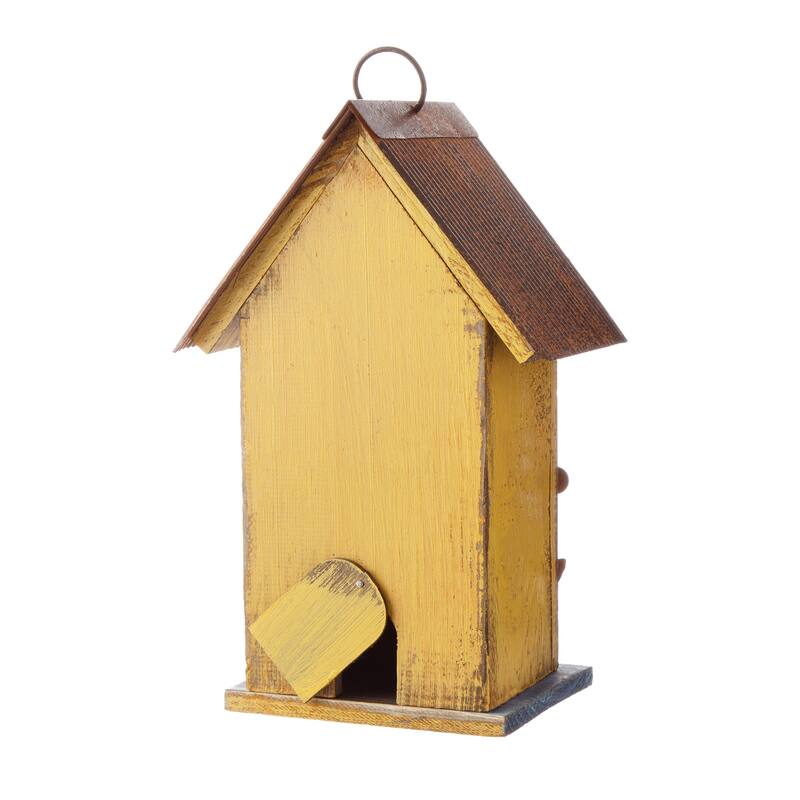 Glitzhome 10"H Multicolor Cute Distressed Solid Wood Birdhouse with 3D Flowers
