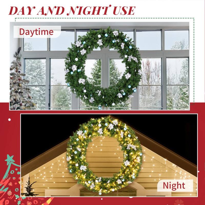 Pre-lit Christmas Wreath, Lighted Artificial Xmas Wreath with Lights and DIY Ornaments, for Xmas Party Decorations