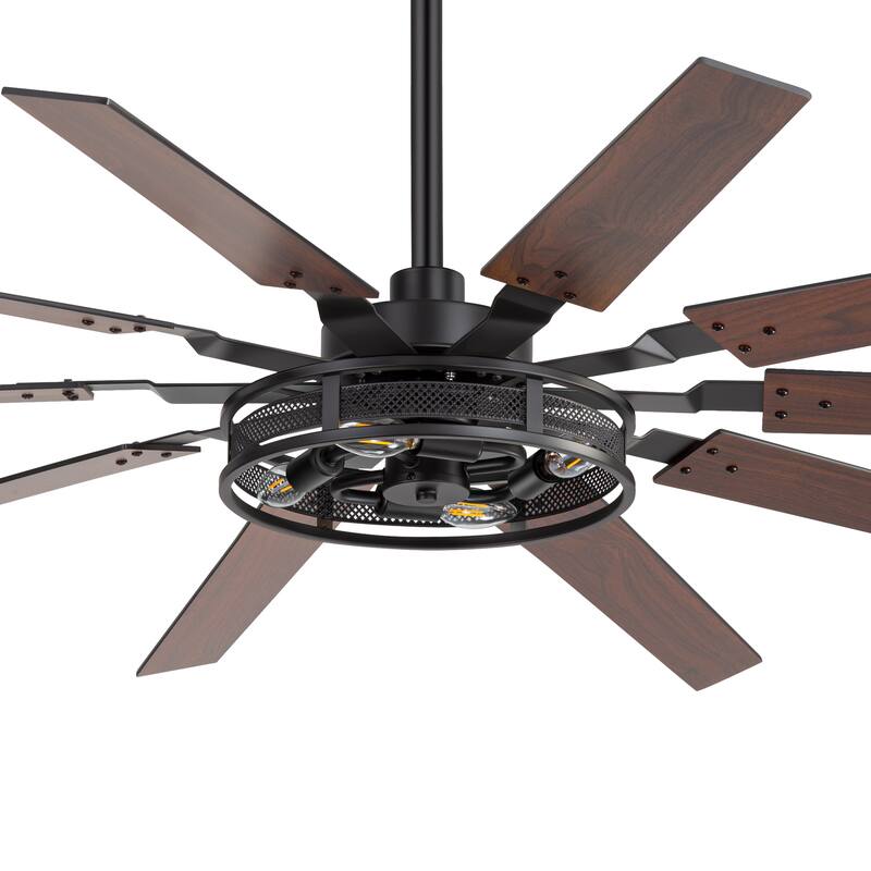60" Reversible 10-Blade Open-Caged Metal Ceiling Fan with Light and Remote