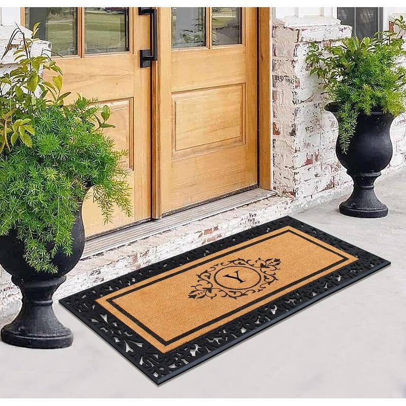 A1HC Natural Coir and Rubber Floral Bordered Doormat 30 in. x 60 in.